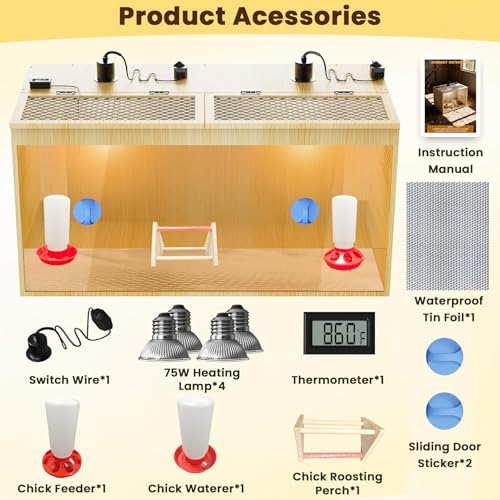 Brooder Box for Chicks, 32 Inch Wooden Large Chicken Brooder Box with 75W Heating Lamps, Thermometer, Chicken Feeder & Waterer Set, Tin Foil, Poultry Breeding Kit, for 12-15 Chicks Ducks Quail