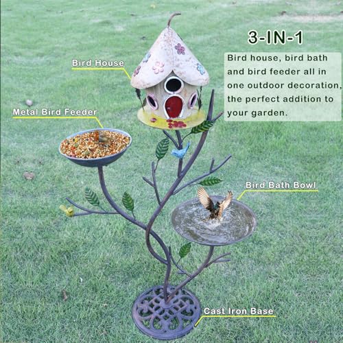 39"H Metal Bird Houses,Birdhouse for Outdoors,Bird Bath for Outside | Metal Bird House Bird Feeder, Cast Iron Pedestal,3-in-1, Garden Yard Lawn Decor