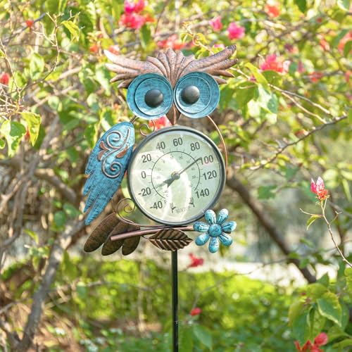 Outdoor Thermometer, Owl Outside Decor for Patio, Yard and Garden | No Battery Needed Garden Stake Wall Art Gifts Idea Waterproof - color: Cyan