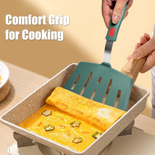 Silicone Spatula Turner, Omelette Egg Spatula Heat Resistant, Extra Wide Slotted Spatula for Cooking, Pancake Fish Spatulas Flipper for Nonstick Cookware Pan 600°F for Kitchen Use (Green) - color: Green