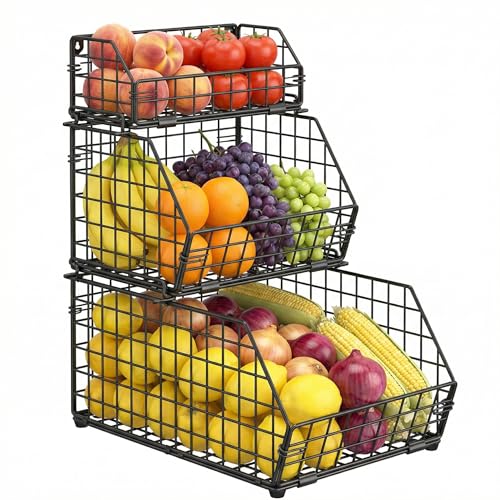 3-Tier Fruit Basket for Kitchen Counter, Stackable Wire Baskets Wall, Potato and Onion Storage Bins, Pantry Organizers, Pantry Storge and Storage for Potato, Onion, Produce, Fruit, Vegetable, Snack