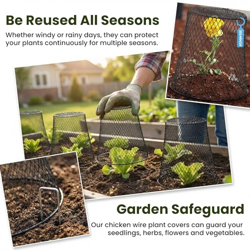 SOUJOY 10 Pcs 8"x8" Chicken Wire Plant Protect Covers, Metal Garden Cloche | UV-Resistant, Rustproof Metal Mesh with 30 Stakes & 20 Labels, Keeping Bunnies Chicken Squirrels Birds Out, Allows Airflow