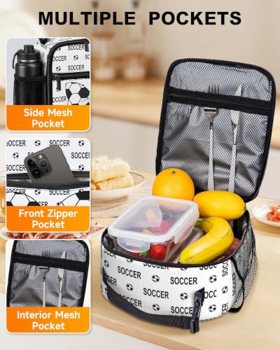 Lunch Box Girls Boys Insulated Lunch Bag for Kids Teen, Soccer Bow | Reusable Lunchbox, Cooler Tote Bag, Mesh Side Pocket, Easy to Clean, Waterproof Leak-Proof Lining for School Office Picnic - color: Soccer Bow