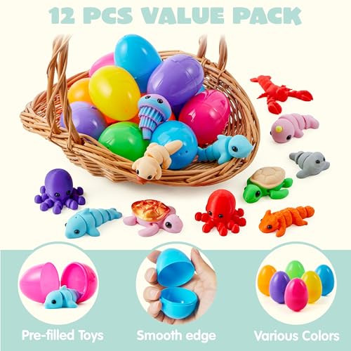 JOYIN 12Pcs Prefilled Easter Eggs with Mini Sea Animals, Articulated Toys, 3D Printed Toys, Basket Stuffers for Boys & Girls, Party Favors, Easter Egg Hunt, Classroom Supplies(Age 8+) - style: Cute