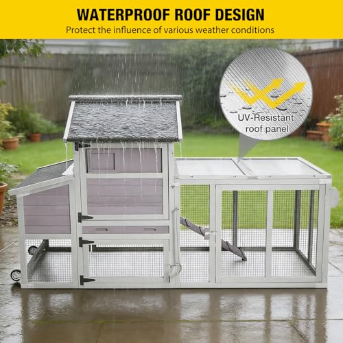 Large Chicken Coop for 2-4 Chickens, Wooden Poultry Hen House with Nesting Box & Perch, Weatherproof Outdoor Chicken Tractor with Wheels - color: Grey, size: 77.0"L x 33.3"W x 46.5"H