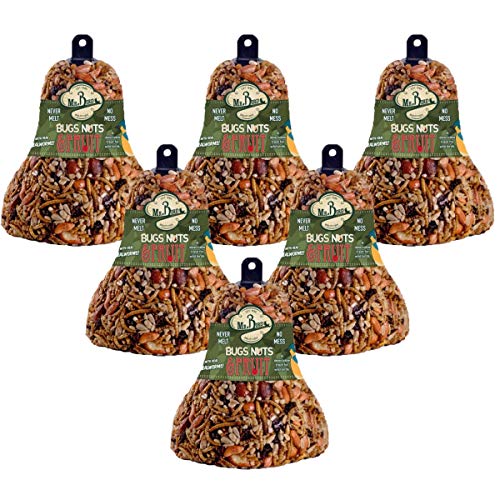 Mr. Bird Bugs, Nuts & Fruit Wild Bird Seed Bell, 6-Pack, 12.5 oz | Premium Blend of Mealworms, Sunflower Hearts & Cranberries | No Melt | Handcrafted in Texas - size: 12.5 Ounce (Pack of 6)
