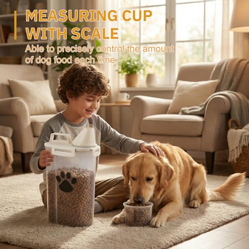 1 Pack Upgraded Dog Food Storage Container with Measuring Cup, Portable Pet Food Containers with Upgraded Large Spout and Cup for Dogs, Cats, Birds, Small Animals (Cream)