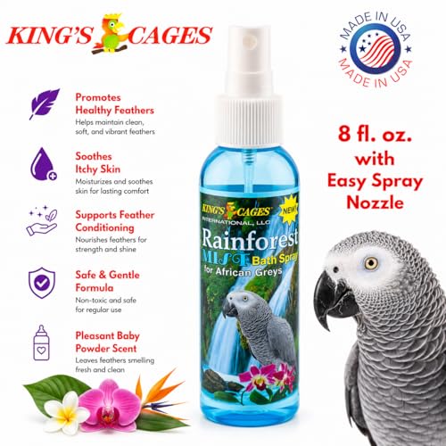 King's Cages Rainforest Mist Spray 8 oz. African Grey Pk2 Feather Conditioning Spray with Baby Powder Scent for Medium Bird Breeds Skin Relief and Plumage Care (Pack of 2) - size: Pack of 2
