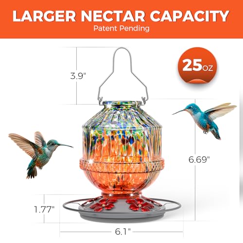 Blown Glass Hummingbird Feeders for Outdoors, 25 Ounces Wild Bird Nectar Feeder with Perch & 5 Flower Feeding Ports Leak Proof Hanging for Garden Backyard Decor, Gifts for Women Mom, Orange - color: Vitality Orange