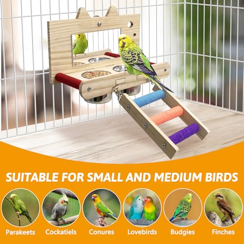 Tfwadmx Bird Food Stainless Steel Cups Wooden Perch Stand with Ladder Hanging Feeder Bowls Feeding and Watering Supplies for Parakeets Conures Cockatiels Budgie Parrot - size: Style 2