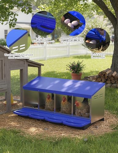 GarveeLife Chicken Nesting Box 4 Hole, Galvanized Steel Nest with Roll Away Egg Collection & Swing Perch, Easy-Clean Laying Box for Hens, Heavy Duty Design for Chicken Coop - color: Blue, size: 4 holes