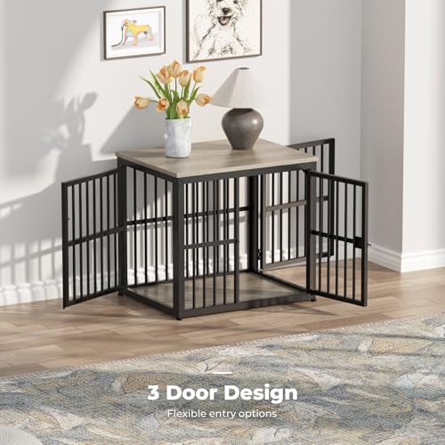 Lyromix 27'' Dog Crate Furniture with 3 Doors for Puppy Small Dogs | Wooden Kennel End Table, Heavy Duty Indoor Cage for Pug, Corgi, Boston, Multiple Units Can be Combined, Grey - color: Ancient gray, size: 26.9"L x 20.9"W x 24.0"H