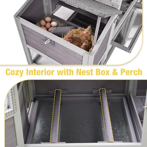 Large Chicken Coop with Wheels for 2-4 Chickens, Reinforced Solid Wood Construction Mobile Chicken House, Waterproof Asphalt Roof,Nesting Box,Ducks (Grey, 73.4" L x 24.2" W x 43.2" H) - color: Grey, size: 73.4"L x 24.2"W x 43.2"H