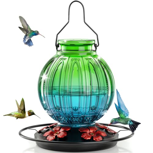 Glass Hummingbird Feeder for Outdoors Hanging, Bird Nectar Feeder with Perch & 5 Flower Feeding Ports, 26 Oz Leak Proof for Outside Garden Decor Backyard, Gifts for Women Mom, Green & Blue - color: Green-Blue Gradient
