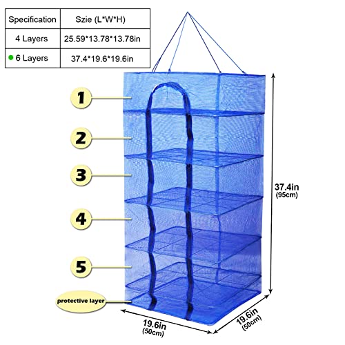 Drying Rack 6 Layers Folding Fish Mesh, Foldable Nylon Netting, Hanging Drying Fish Net, for Shrimp Fish Fruit Vegetables Herb, with Zipper Opening-Blue (37.4X19.6X19.6 in)… - size: 6 Layers