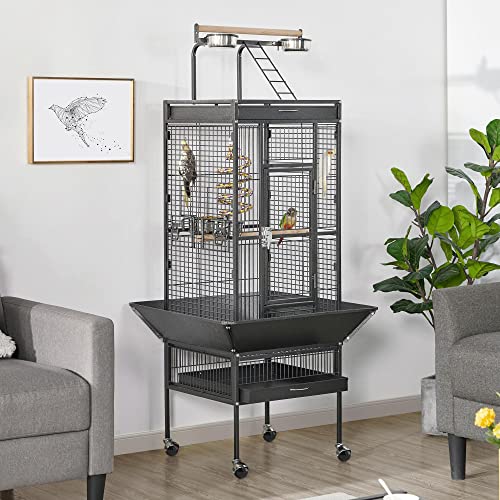 Yaheetech 61" Playtop Parrot Bird Cage with Rolling Stand, Wrought Iron Parrot Cage for Cockatiels Quaker Conure Parakeet Lovebird Finch Canary, Black - color: Black