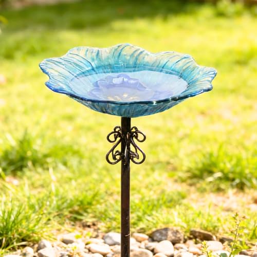 hogardeck 2 in 1 Floral Glass Bird Bath & Feeder - Hanging or Freestanding Outdoor Bird Bath with Sturdy 5-Pronged Base for Garden, Patio, Yard, Lawn Decor