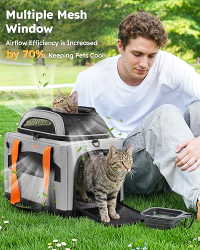 Pecute Cat Carrier,Top Expandable Dog Crate for Travel, Grey | 5mm Anti-Collapse Steel Frame, Soft Mesh, Vet Visits, Foldable Travel Crate,Outdoor Hammock, Leakproof Pee Pad & Bowl - color: Grey