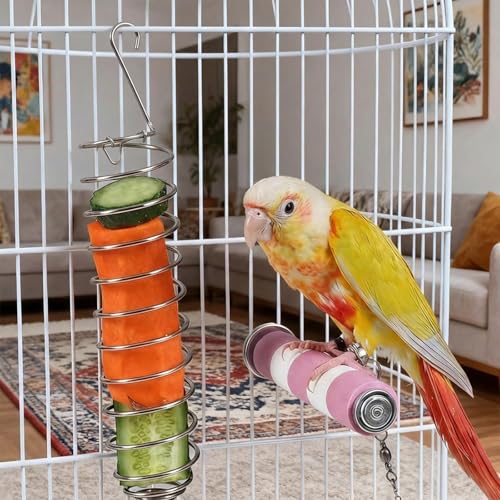 2 Pcs Spray Millet Treat Holder with Chains, Stainless Steel Bird Foraging Feeder Toy, Hanging Fruit Vegetable Basket for Parakeet Cockatiel Conure Macaw Parrot Cage Accessories (4-Pack Set)