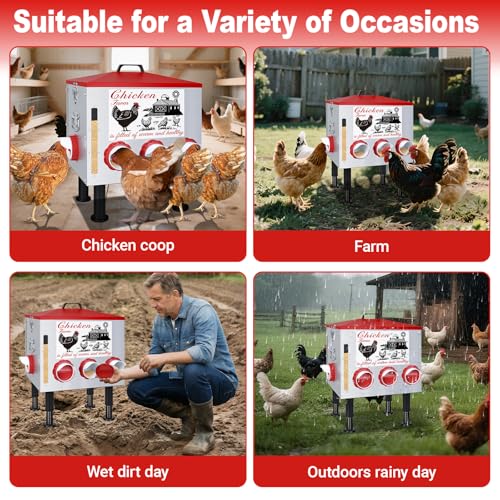 50Lb Automatic Chicken Feeder with Window 10 Port No Waste Rust-Proof Galvanized Steel with Locking Lid & Adjustable Height Legs Waterproof Portable Poultry Feeder for Chickens,Ducks,Geese