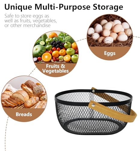 Farmhouse Egg Baskets for Gathering Fresh Eggs, Oval Metal Egg Collecting Basket Egg Holder with Wooden Handle, Countertop Kitchen Decor