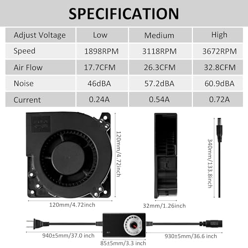 120x32mm 4.72" IP44 Moistureproof Blower Exhaust Fan with Speed Controller | High-Performance 4.72inch IP44 Cooling fan for Inflatable Amplifier Media Cabinets & DIY Cooling Ventilation Exhaust Projects - size: 12032