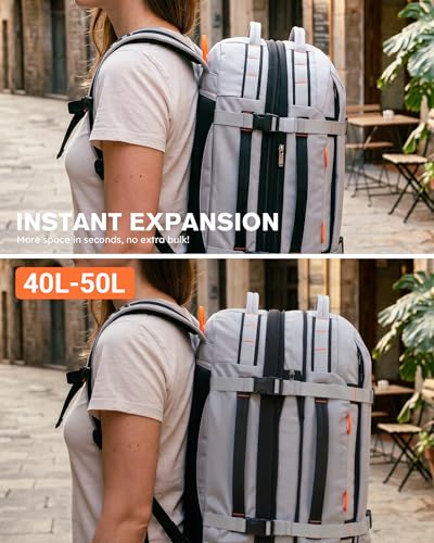 Tolaccea Travel Backpack 40-50L, 16" Laptop Carry On Duffle for Travel Work | 40-50L Expandable, TSA Approved 180° Open, 3L Wet-Dry Pocket, RPET Fabric, 3-in-1 Convertible Carrying, Detachable Waist Belt - color: Light Gray