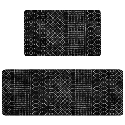 Boho Kitchen Mats for Floor 2PCs, 17.3"x47"+17.3"x29", Black | Non Slip Comfort Washable Waterproof Anti Fatigue Kitchen Rug, Modern Rustic Farmhouse Kitchen Decor for Home, Sink, Laundry - color: Black-2