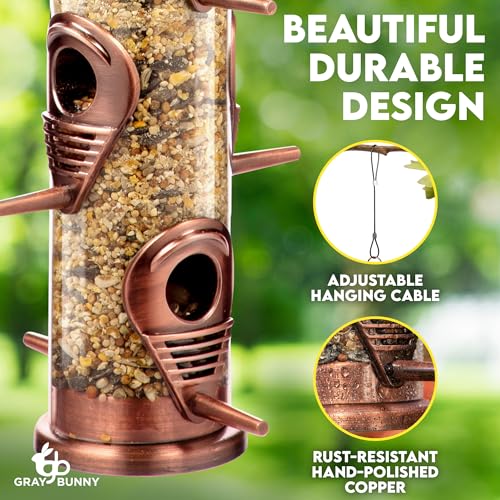 Gray Bunny Squirrel Proof Bird Feeders for Outdoors 6 Port Metal Tube | Cooper bird feeder squirrel proof, locking lid & adjustable hanger, chew-proof, weather resistant, easy clean - color: Copper