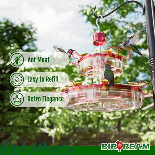 Birdream Hanging Hummingbird Feeder, 20oz | Double-Tier Saucer, 14 Feeding Ports, Ant Moat, Stainless Steel Pole, Easy to Refill and Clean - size: 1 Pack