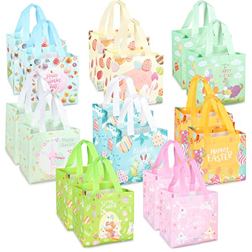 16PCS Happy Easter Egg Hunt Bags Easter Bunny Carrot Chick Egg Gift Bags with Handles, Easter Treat Bags, Easter Party Supplies , 8.3×7.9×5.9inch - color: Pink Green Orange Blue
