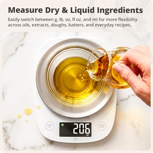 Greater Goods Digital Kitchen Scale for Baking, Sourdough, 11lb Capacity | Weigh Flour, Sugar & Batter in g, oz, ml or fl oz, Tap to Tare, Hold Function & Auto-Off, Stainless Steel Top & Storage Bag - color: White