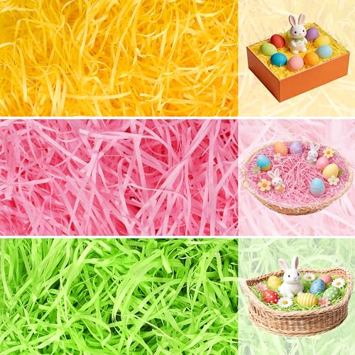 Seifar 5.3oz/150g Easter Grass Basket Filler, Green Pink Yellow Recyclable Shred Paper Shred Fillers Easter Basket Grass for Easter Gift Basket Gift Wrapping Party Decorations - color: Green+Pink+Yellow, size: 150g