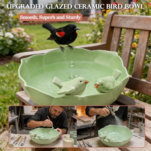 Glazed Ceramic Bird Bath Bowl for Outdoor Ground, UV/Frost-Resistant | 10.1" Birdbath and Feeders for Outside, Garden Table Top Bird Baths, Patio Yard Decor, Easy to Maintain, with Texture, Green - color: Light Green