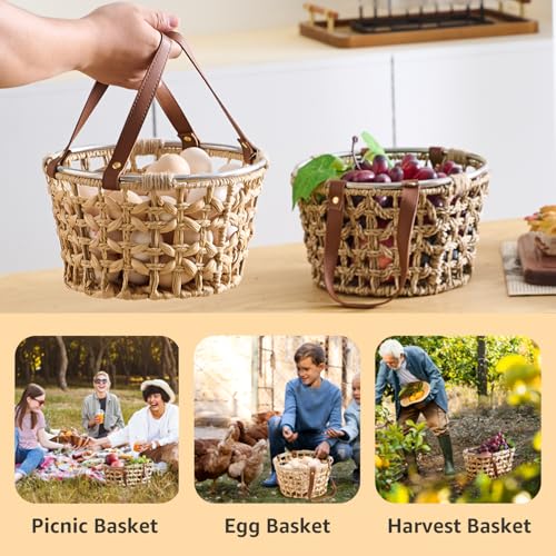 Farmhouse Wicker Egg Basket for Collecting Fresh Eggs, Round Storage Basket with Handle, Brown, Sea Grass - color: Round-Water Hyacinth