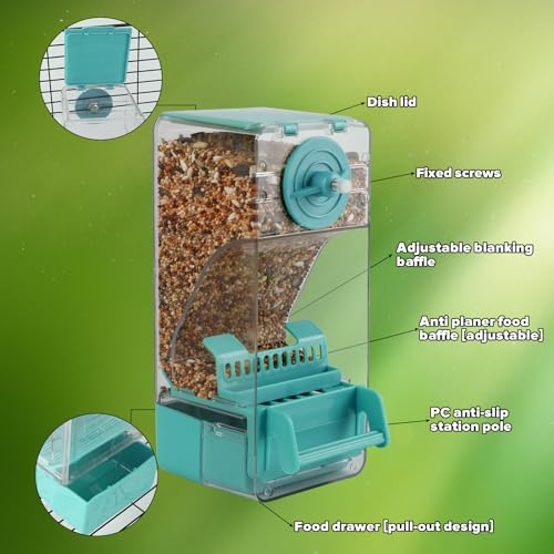 Bird Feeder No Mess 2PCS Automatic Clear Bird Seed Food Container Acrylic Parrot Feeder Dispenser Cage Accessories for Parakeet Budgies Cockatoo Canary Love Bird (Blue) - color: Blue