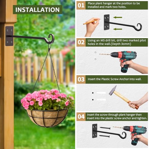 12" Wall Mount Plant Hanger 2 Pack | Hand-Forged Wrought Iron with Rust-Resistant | Black Finish | Ideal for Hanging Plants, Lanterns, Bird Feeders - size: 12 inches