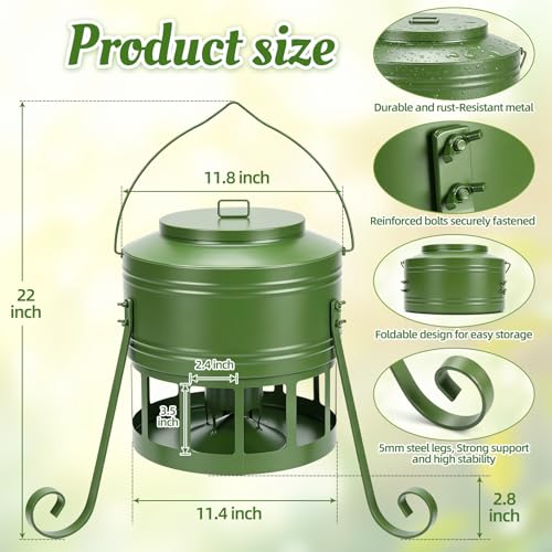 Metal Chicken Feeder, 20Lbs Large No Waste Chicken Feeder with 12 Ports, Heavy Duty Poultry Feeder with Lid & Handle, Rat Proof Rust Proof Feed Box for Chickens Ducks Geese Backyard Farm (Green) - color: Green
