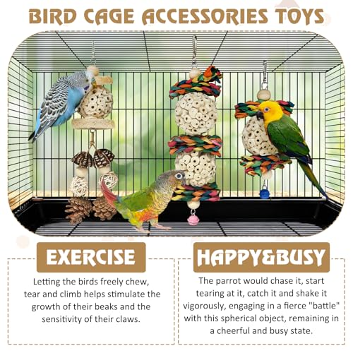 BNOSDM Hanging Bird Toy Sola Balls 3PCS Parrot Shredder Balls Natural Parakeet Foraging Toy Wood Bird Cage Chew Toys for Cockatiel, Budgie, Sun Conure, Quakers, Lovebirds (B) - color: Colourful