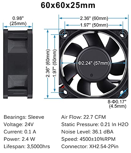 GDSTIME 60mm x 60mm x 25mm 2Pin DC 24V Brushless Cooling Computer Case Fan | 4500 RPM, 6025, 60x60x25mm, Replacement Fan for Refrigerator, Wire Welder, Inverter - size: 60x25mm