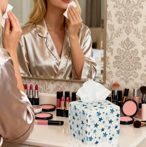 Watercolor Star Tissue Box Cover, PU Leather Holder with Blue Star Pattern for Living Room/Bathroom/Bedroom/Kitchen, Gift for Housewarming & Style-Focused Homeowners - color: White Decoration Theme-03