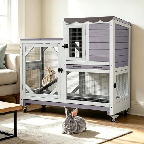 Large Rabbit Hutch Indoor Outdoor, 2-Tier Bunny Hutch with Wheels and Waterproof Roof, Wooden Guinea Pig Cage with Leak-Proof Pull-Out Trays, Multi-Door Bunny Cage for Small Animals-Grey - color: Grey-AIR7013