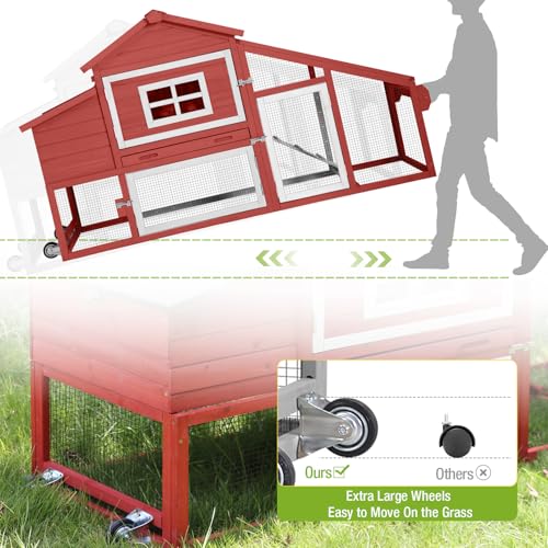 GUTINNEEN Chicken Coop Outdoor with Run Wooden Mobile Hen House with Wheels Poultry Cage with Nesting Box,Leakproof Pull-on Tray