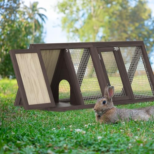 Outdoor Chicken Coop Wooden A-Frame Small Animal Coop Rabbit House Quail Cages with Outdoor Runs & Ventilated Wire Fence Suitable for Garden Backyard Farms 47 x 18 x 19.5 in (Brown) - color: Brown