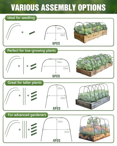 6 Sets Garden Hoops with 10x30 Ft Netting for Raised Beds, 18 Clips | 10x30 Ft Garden Net, Bird & Cicada Net for greenhouse, Vegetables, Trees, Garden crops, Plant cover, Frost guard, Shade cloth - color: Green-10*30ft