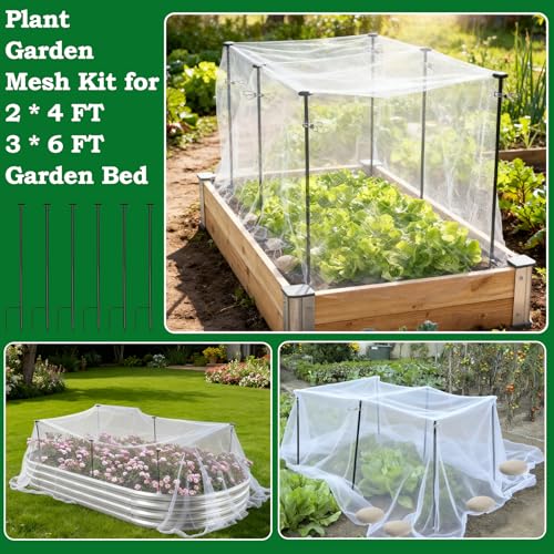 Metal Garden Netting Kit, 6 Pack 2.6ft Raised Garden Bed Net Support Stakes with 13×10ft Fine Mesh Insect Netting 12pcs Clips Bird Barrier Screen Cover for Protect Plant Vegetable Row from Animals Bug - color: 6 Poles With 10×13 Ft Netting