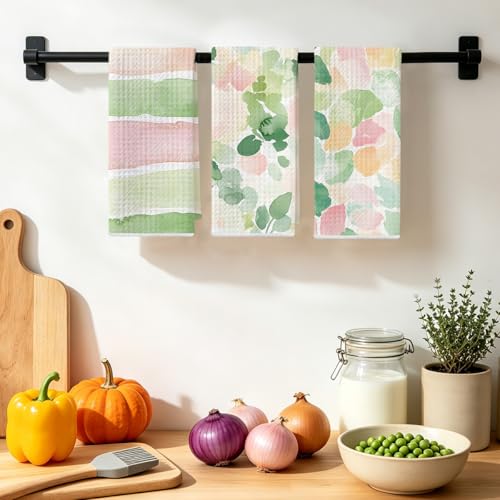 3 Pcs Pink Green Stripe Kitchen Towels, Watercolor Flower Leave Dish Towels | Flower Absorbent Microfiber Waffle Hand Towels for Farmhouse Home Bathroom, Housewarming Gifts - color: Multi 1401