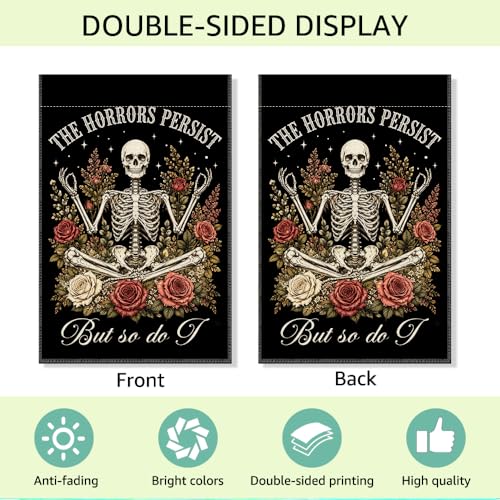 RZHV The Horrors Persist But So Do I Double-Sided Garden Flag for Outdoor House Yard Sign Garden Decor Parade, Funny Rose Skulls Front Yard Sign Flag, Halloween Fall Social Justice Outdoor Banner - color: Horrors H