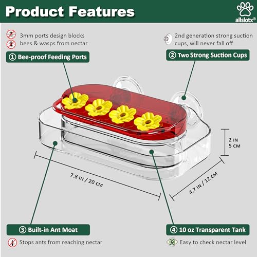 Window Hummingbird Feeder for Outdoors, 4 Bee-Proof Feeding Ports, Leak-Proof 10 oz Nectar Reservoir, Built-in Ant Moat, Strong Suction Cups for Up-Close Bird Watching, Easy to Clean - style: F061 (1-Pack)