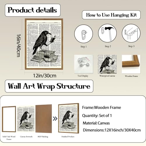 Funny Black Crow Reading Books Wall Art Vintage Raven Wall Decor Picture Dark Academia Animal Poster Canvas Print for Bedroom Living Room 12x16 inch Wood Framed - color: Animal -P, size: 16"L x 12"W